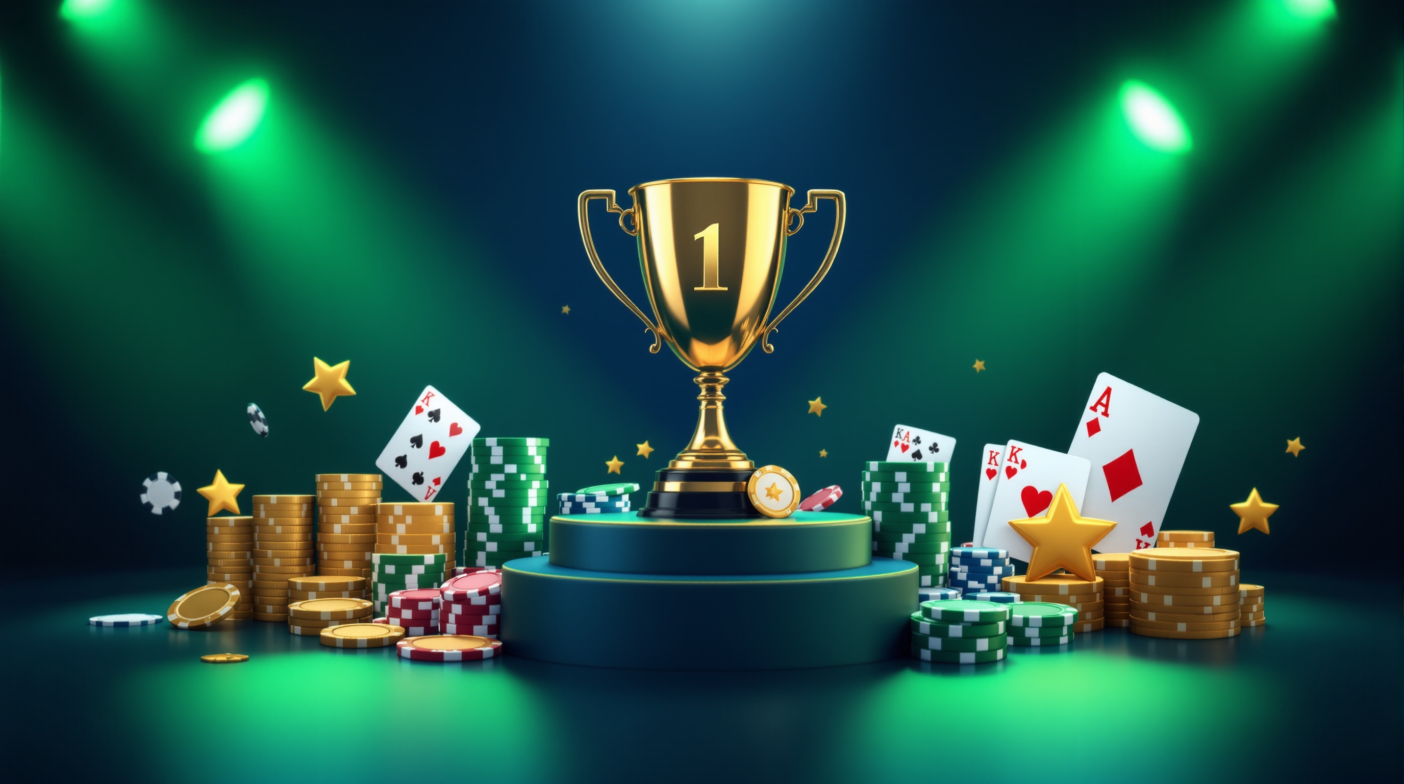 Trophy cup surrounded by casino chips and playing cards with emerald green spotlights on navy background