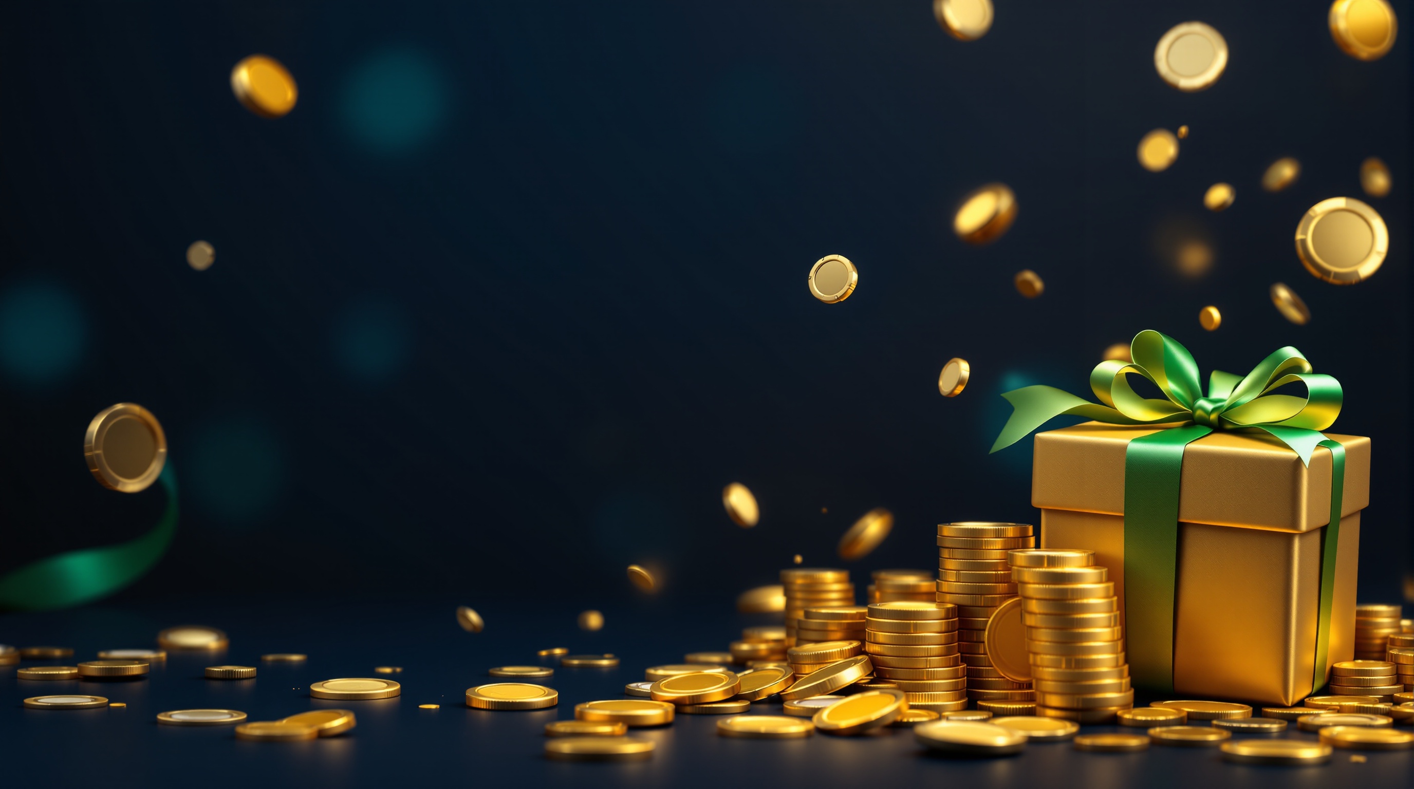 Gift boxes with ribbons and casino bonus coins glowing in emerald green on navy gradient