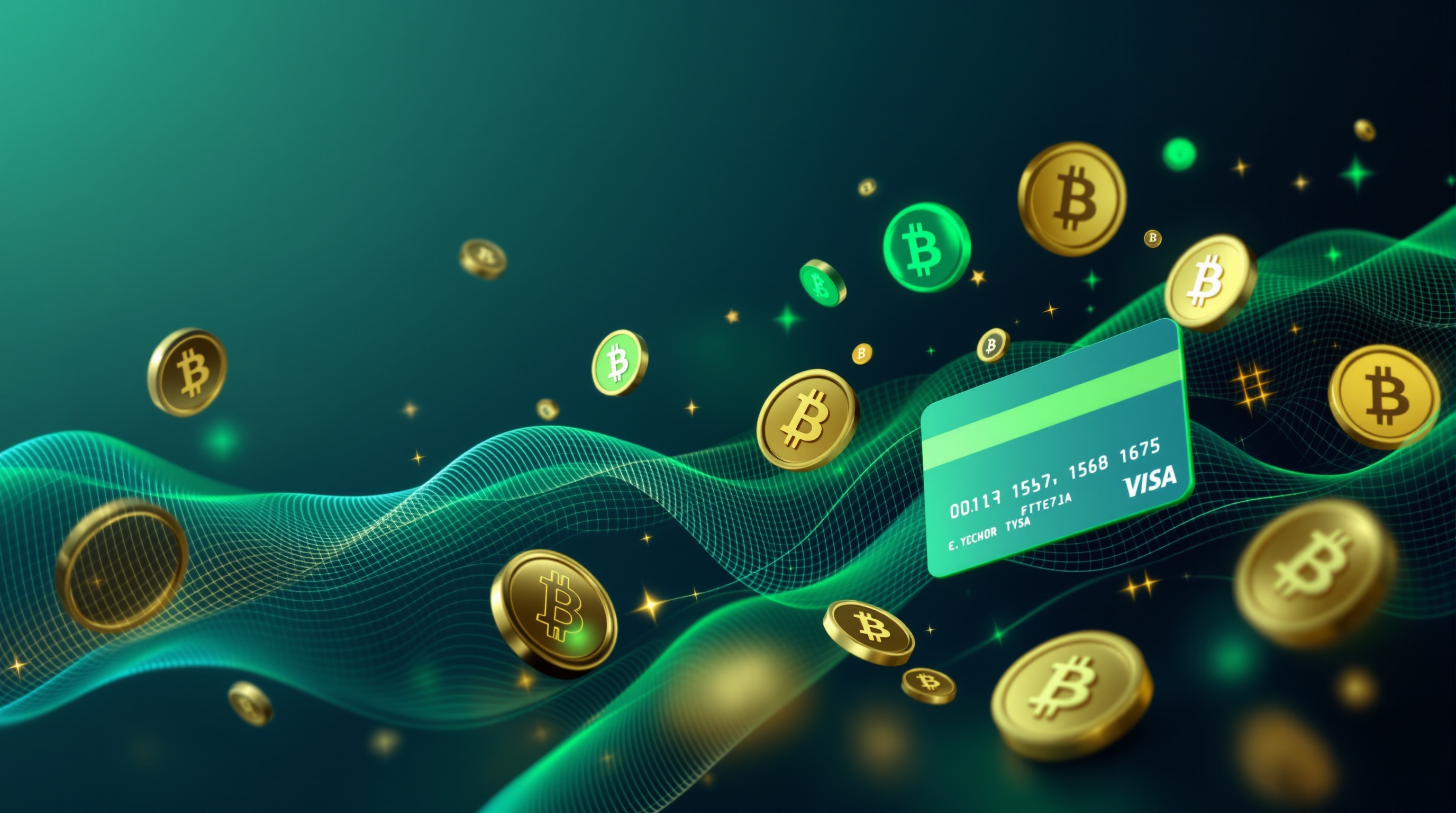Credit cards, e-wallet icons and bitcoin coins with emerald green payment processing streams on navy