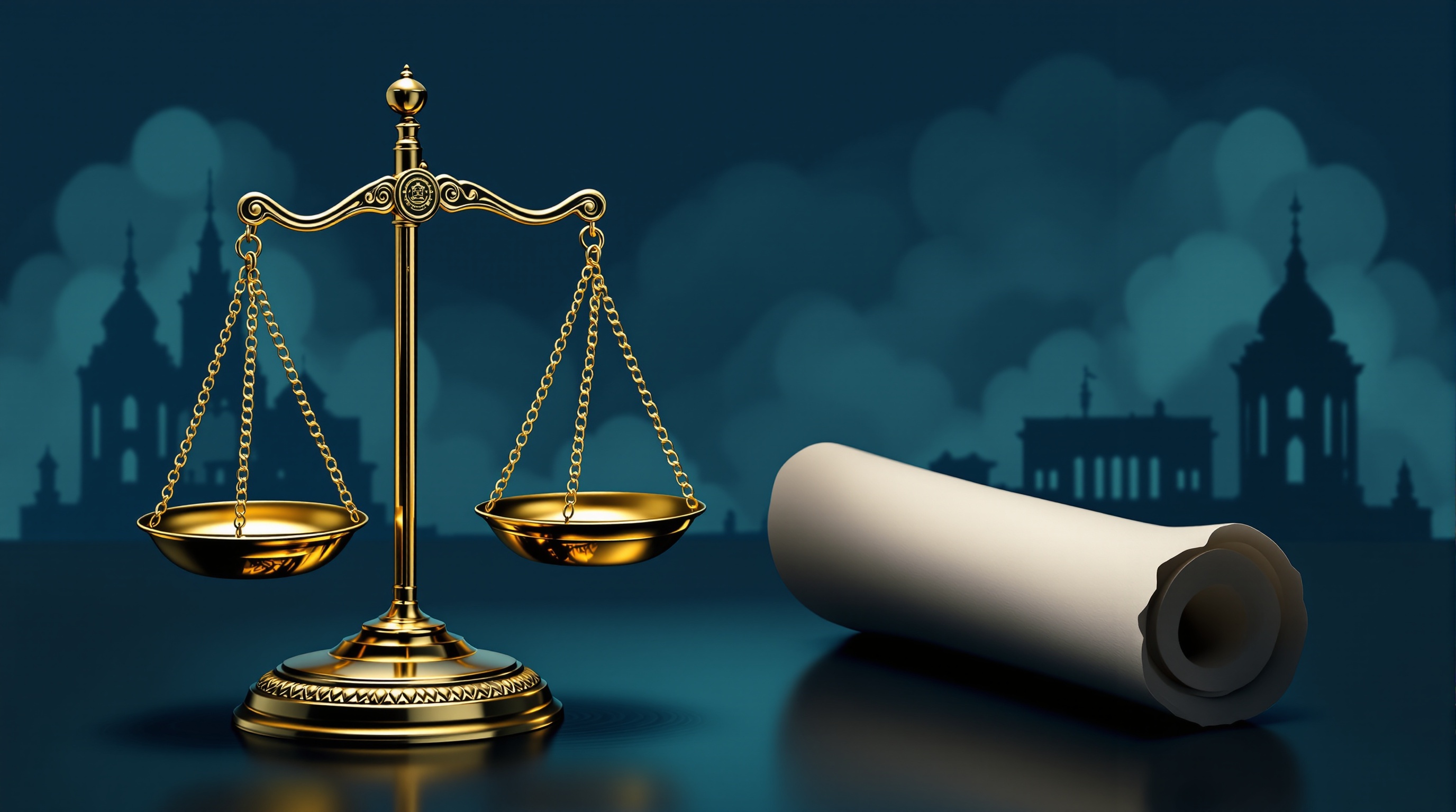 Scales of justice and legal document scroll with emerald green regulatory seal on navy background