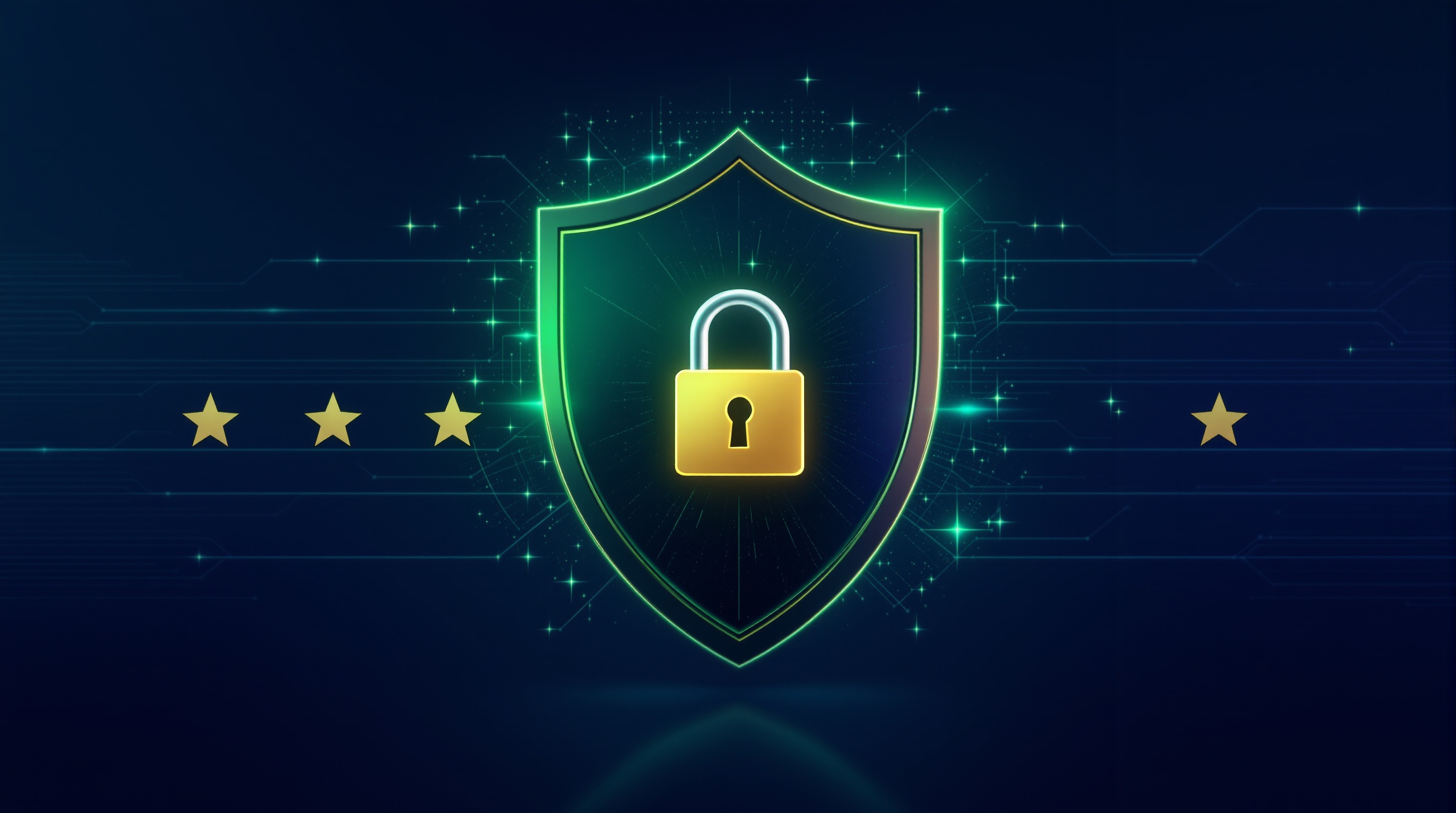 Security shield with padlock and certificate seal glowing in emerald green on navy background