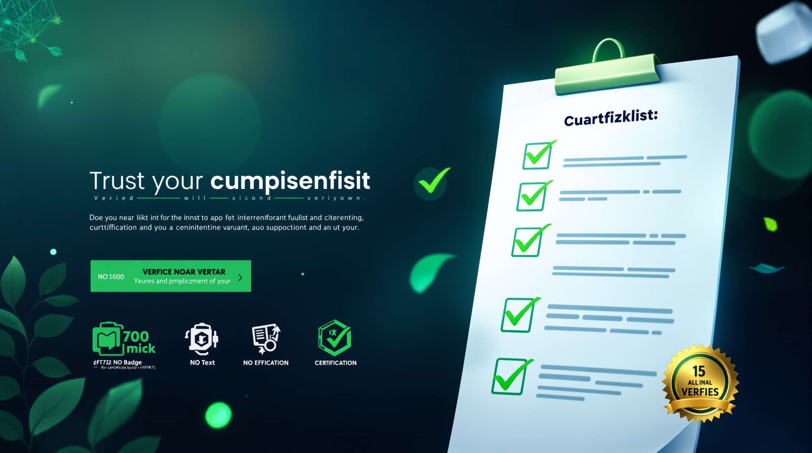 Checklist with emerald green checkmarks and trust badge symbols on navy background